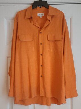 Ryan Michael Men's Sz L Silk Shirt Orange Button Up Textured Hunting Animals